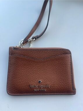 kate spade Pebbled Leather Brown Wristlet Card Case with Strap